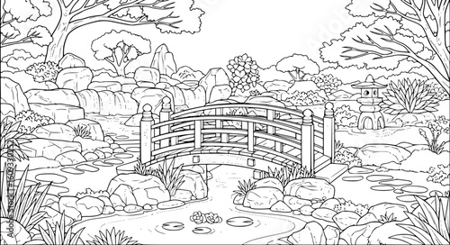 Japanese garden scene with bridge, coloring book page