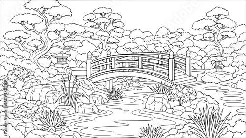 Japanese garden scene with bridge, coloring book page