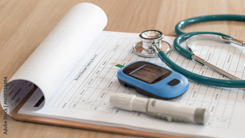 Fototapeta premium Diabetes, glucose testing record, blood sugar level test, glucometer, doctor's stethoscope medical equipment, clipboard background with patient health check exam or diagnosis