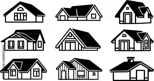 House roof styles, architectural designs, various shapes, white background, home construction, EPS Vector
