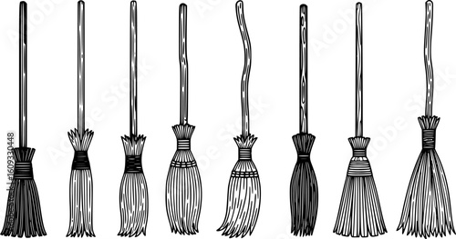 Eight broomsticks; various styles; white background; cleaning; Halloween, EPS Vector
