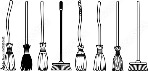 Eight broomsticks; various styles; white background; cleaning; Halloween, EPS Vector
