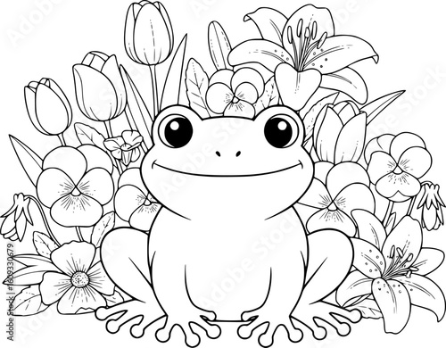 Cute frog amidst flowers, nature scene, coloring book illustration, EPS Vector