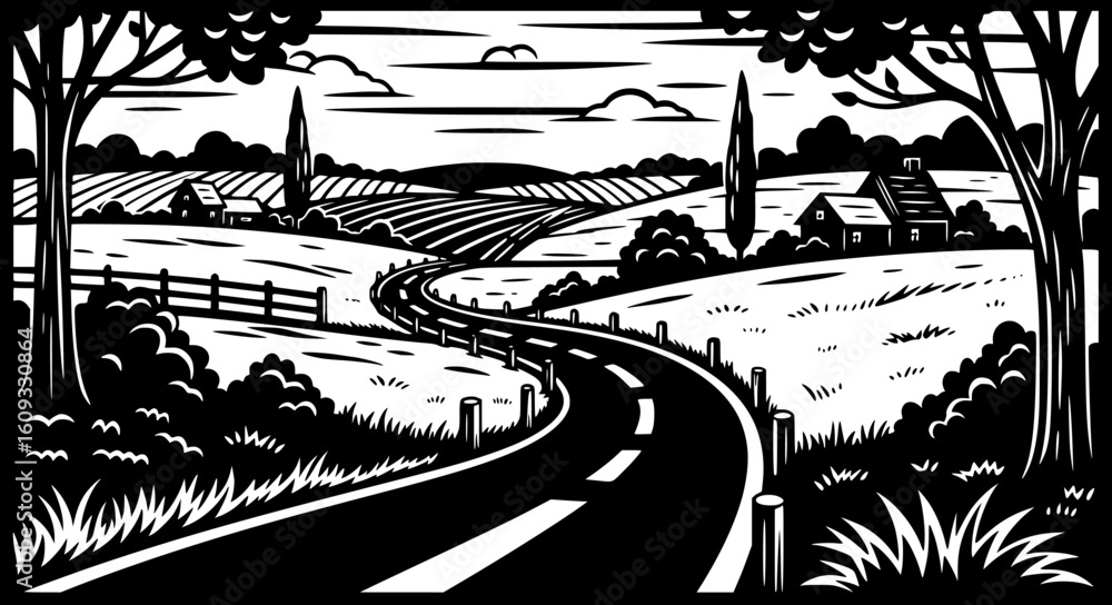 Obraz premium Winding country road, pastoral landscape, woodcut style, rural scene, design element, EPS Vector