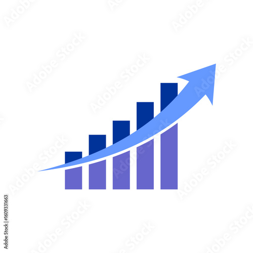 Blue rising arrow with gradually increasing purple blue bar sizes, logo for stock market companies, courses selling, icon of success, and profit.   