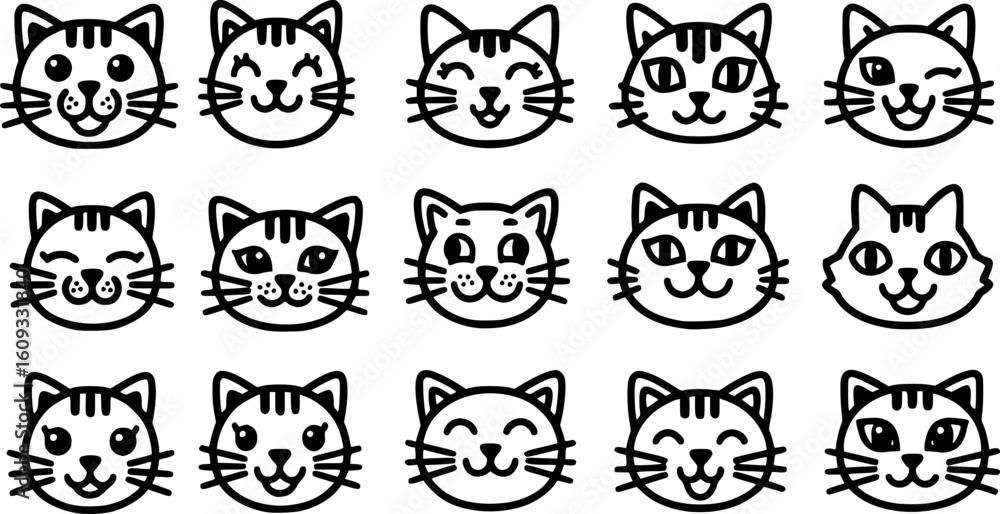 Fototapeta premium Twelve cute cat face line art icons.EPS Vector. 