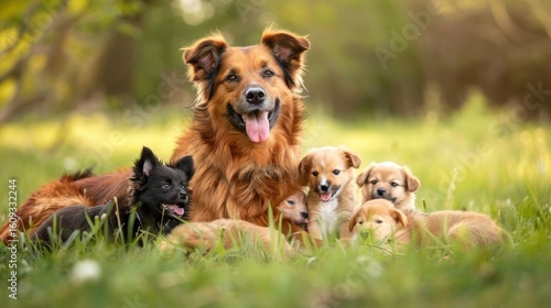 Wallpaper Mural A happy mother dog with fluffy reddish-brown fur lovingly surrounds her adorable puppies in a lush green grassy field Torontodigital.ca