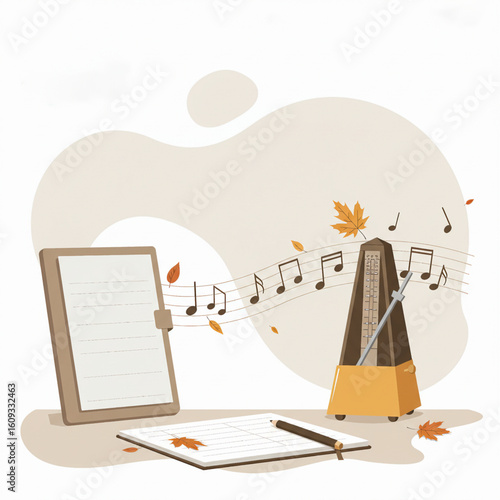 Vector Metronome with Notebook and Autumn Leaves