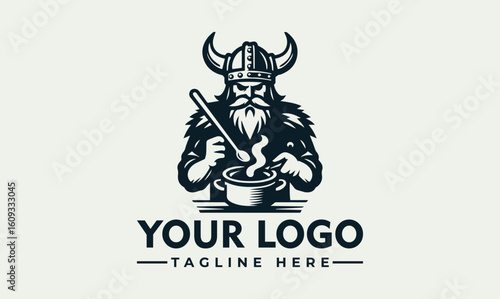 A Viking chef stirring a steaming pot, logo design with tagline.