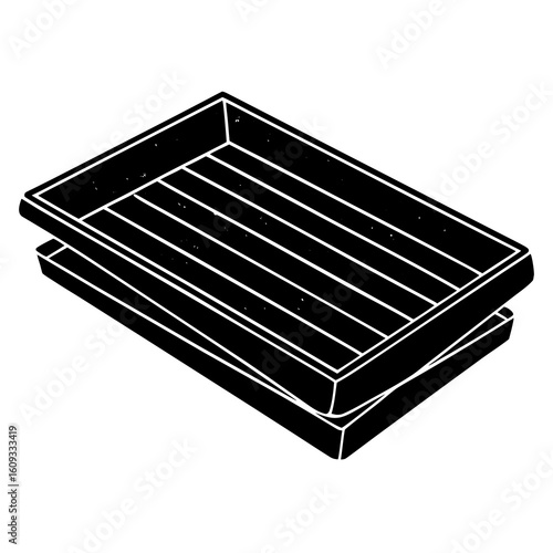 Black rectangular tray with parallel grooves