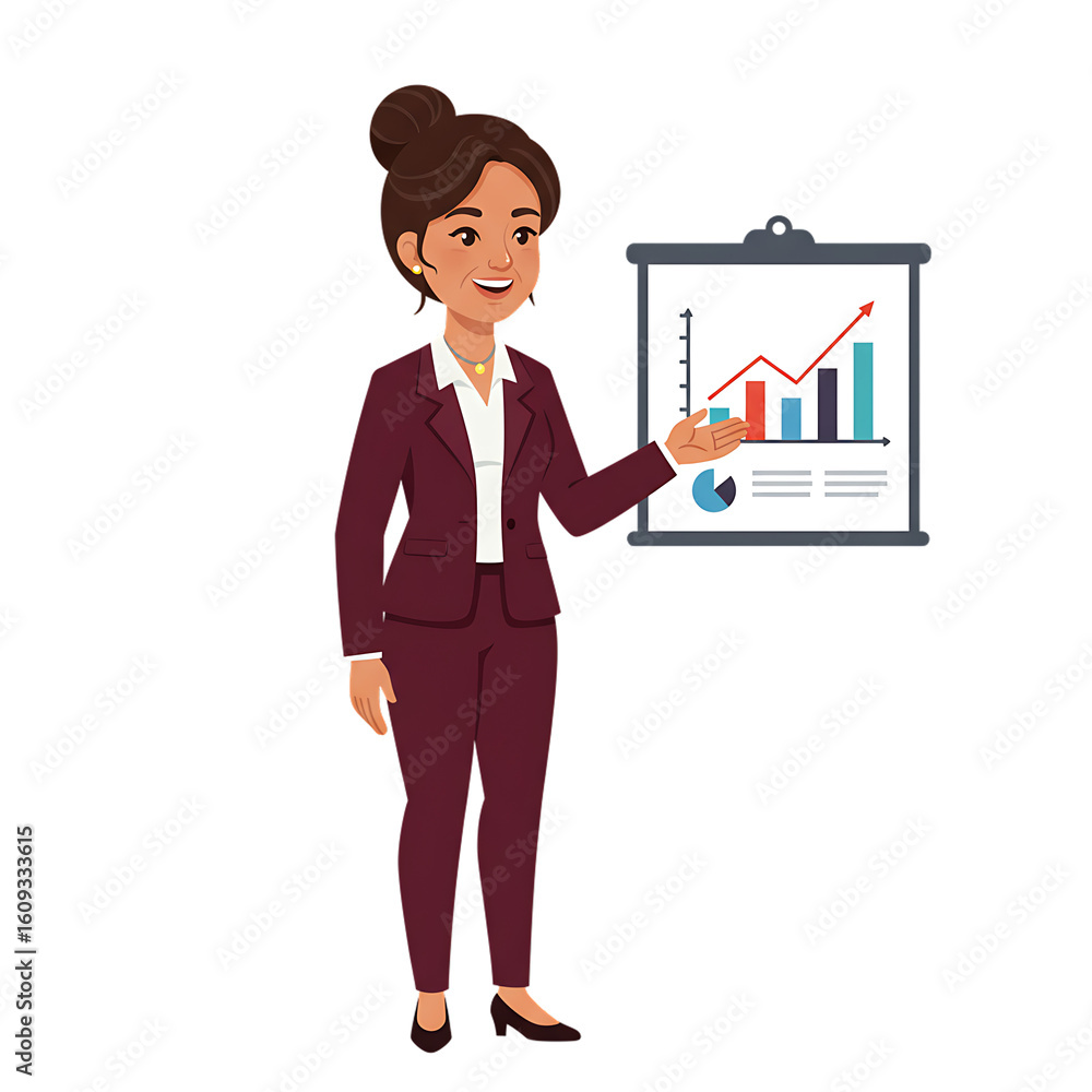 Businesswoman Presenting a Chart with Upward Trend in a Maroon Suit. Businesswoman Presenting a Chart with Upward Trend in a Maroon Suit.