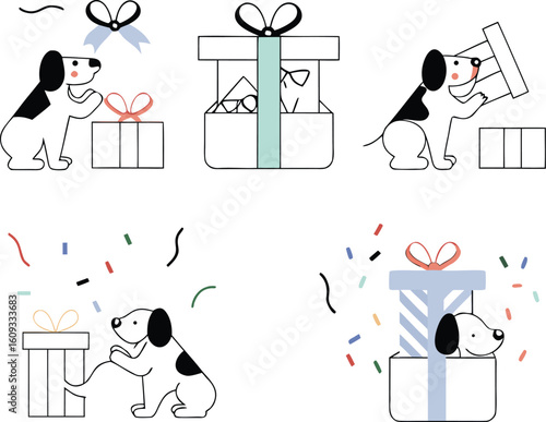 Five cartoon dogs interacting with gift boxes and confetti puppy present