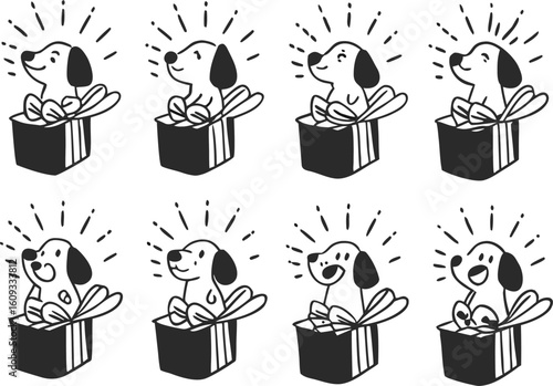 Eight happy cartoon dogs in gift boxes with radiating lines puppy present