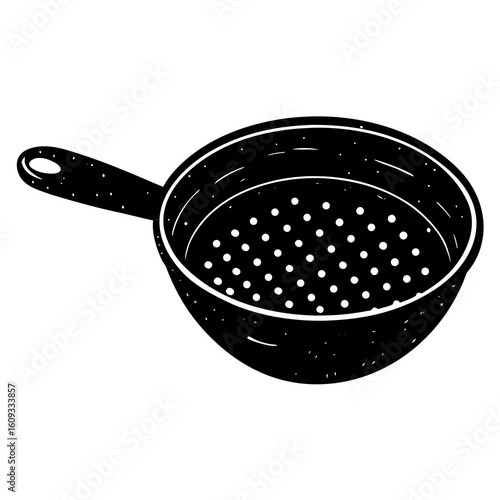 Black and white illustration of a colander with a handle