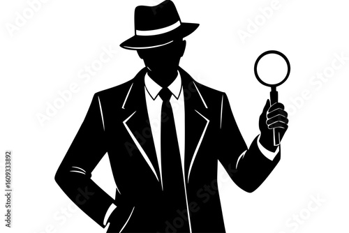 Detective investigator searching man with magnifier silhouette vector illustration