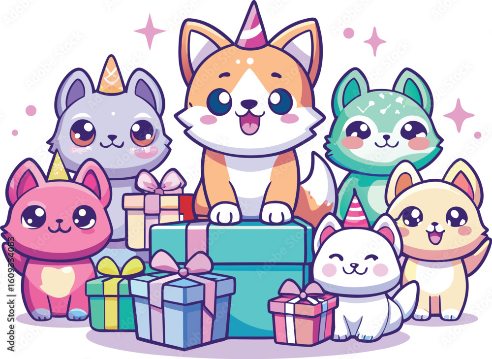 Naklejka premium Six cute cartoon animals wearing party hats surrounded by colorful gift boxes corgi puppy