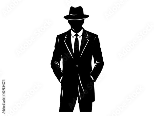Man wearing suit and hat full body standing silhouette vector illustration