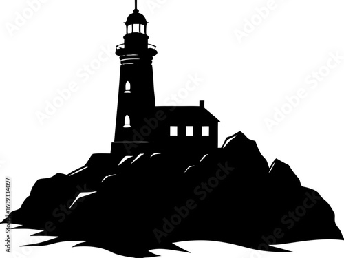 Lighthouse standing tall on rocky cliff silhouette vector illustration
