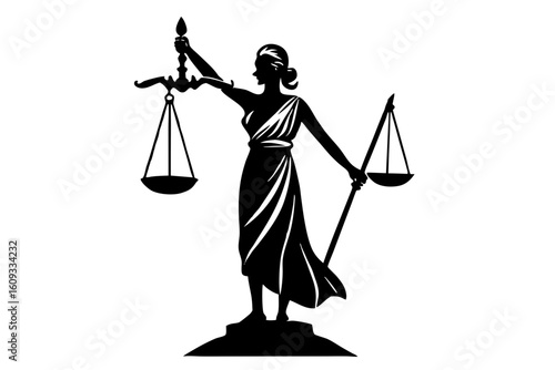 Lady justice statue law scales legal system silhouette vector illustration