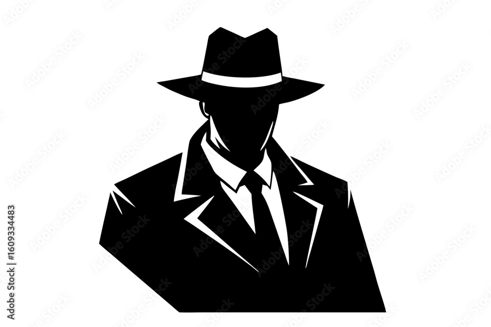 Mysterious man in suit and hat silhouette vector illustration Mysterious man in suit and hat silhouette vector illustration