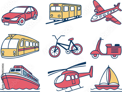 Red yellow blue transportation vehicles and modes of transport icons automobile