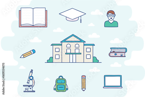 School building with graduation cap books pencils laptop microscope backpack and student education learning