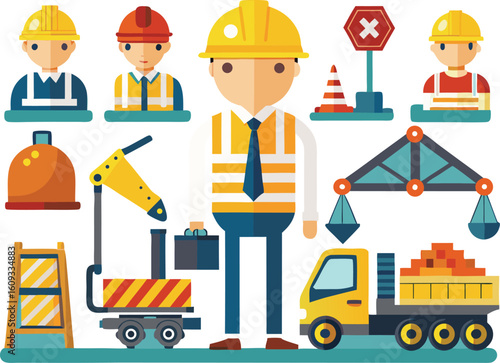 Construction workers and equipment flat design illustration with safety cones and warning signs person