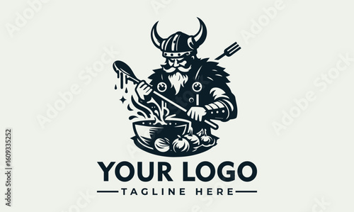 A Viking warrior chef stirs a large pot of food in a vintage logo design.