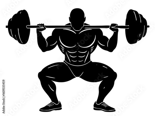 Weightlifting muscular man doing squat exercise silhouette vector illustration