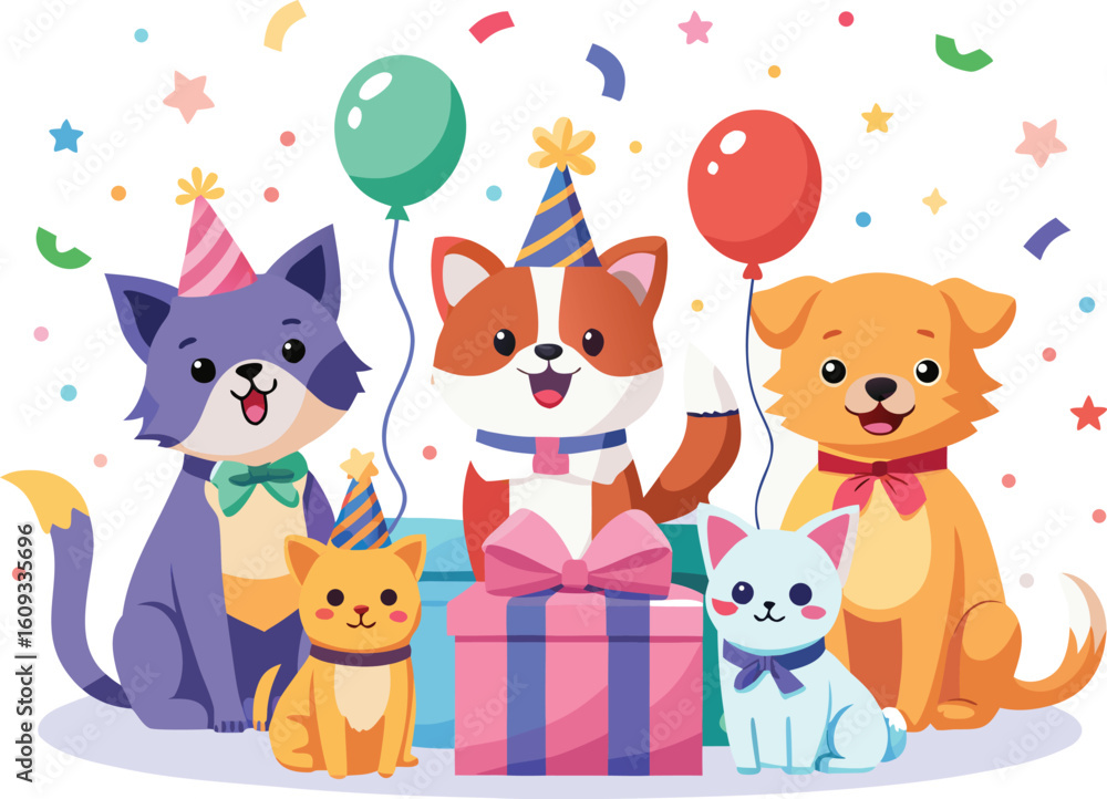 Naklejka premium Cute cartoon animals celebrating with balloons and gifts kitten puppy