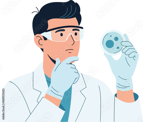 Minimalist Flat Vector Illustration of a Male Scientist Wearing Safety Glasses and Gloves While Examining a Petri Dish in a Laboratory