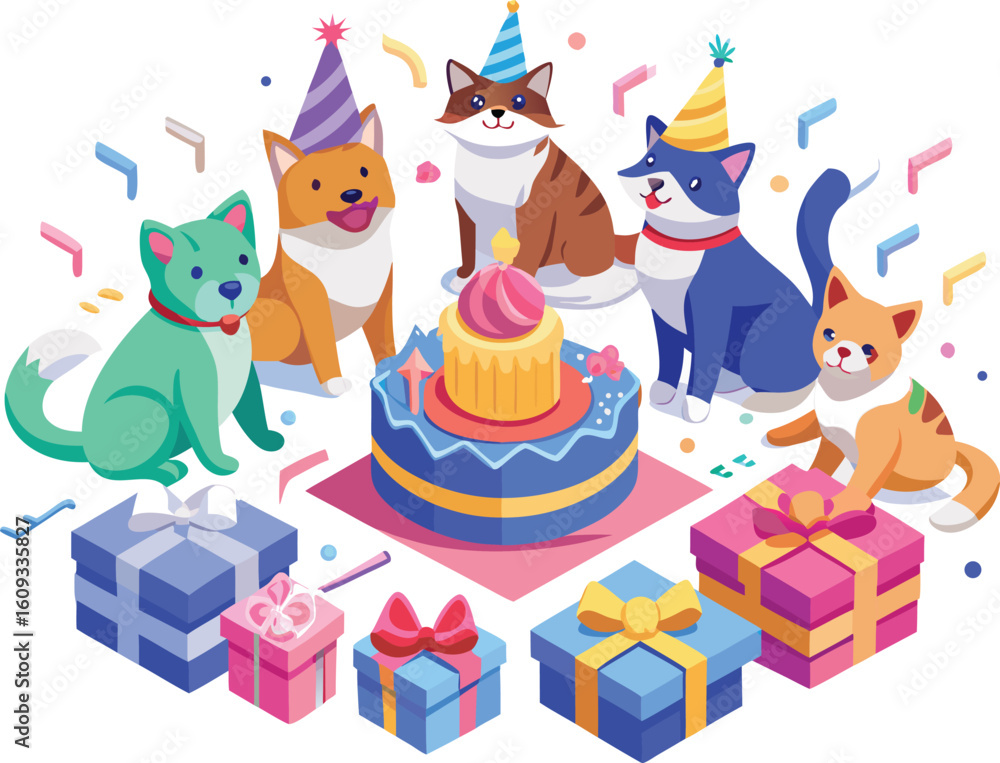 Fototapeta premium Five cartoon dogs and cats wearing party hats around a birthday cake and gifts vector