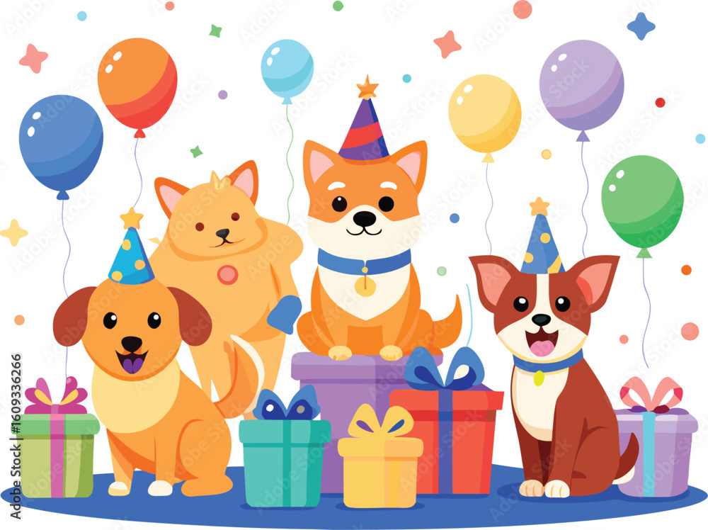 Naklejka premium Four cartoon dogs wearing party hats surrounded by balloons and gifts puppy birthday
