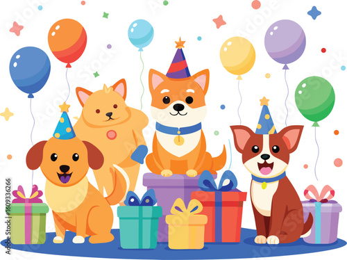 Four cartoon dogs wearing party hats surrounded by balloons and gifts puppy birthday