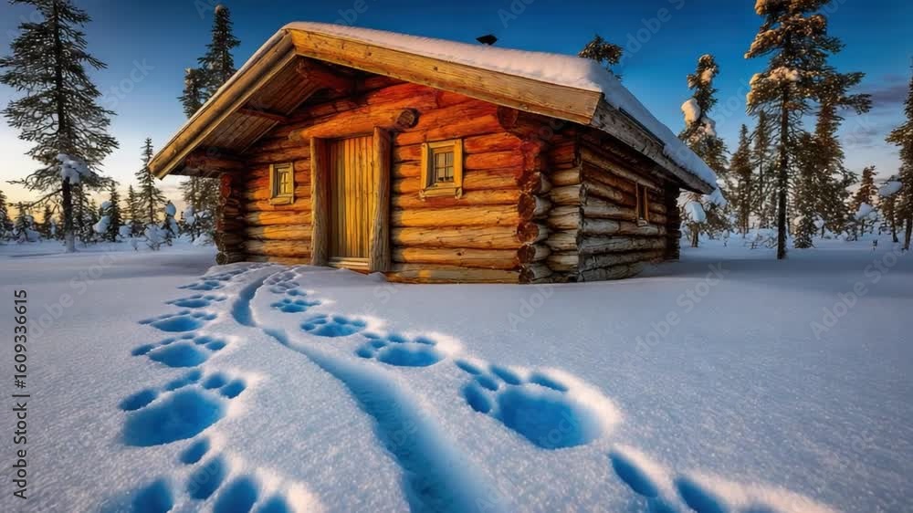 Cozy wooden cabin surrounded by snowy landscape and animal tracks leading through a serene winter scene Cozy wooden cabin surrounded by snowy landscape and animal tracks leading through a serene winter scene