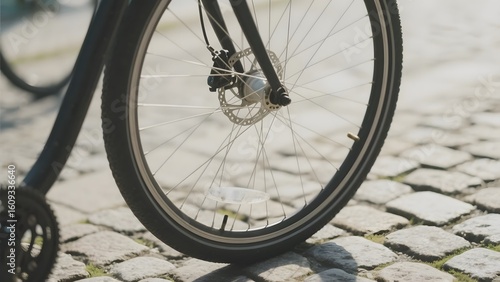Close-up of a bicycle wheel on cobblestone pavement