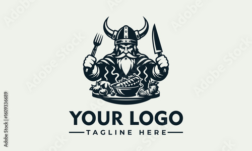 A Viking chef logo, holding a fork and knife, with a platter of food, showcasing a restaurant or food-related brand.