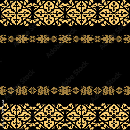 An artwork ethic Songket Padang textile pattern  geometric motifs in a warm golden-brown on  black background. Classic design symmetrical borders traditional weaving artistry.
