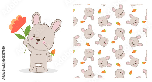 Adorable bunny holding a large flower in one hand and a small carrot in the other. This charming vector illustration includes a seamless pattern with bunny faces and carrots.
