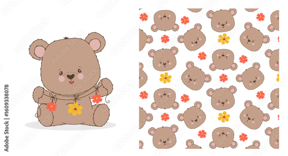 Fototapeta premium Adorable bear vector illustration with a floral necklace and a seamless pattern of bear faces and flowers. Perfect for children s designs, wallpapers, and fabrics.