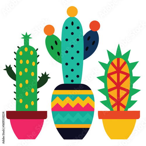 Vibrant mexican style cactus collection in decorative pots with colorful accents and botanical elements