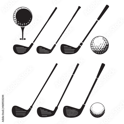 golf club and ball icon silhouette style, vector illustration, golf sports ball silhouette on white background set