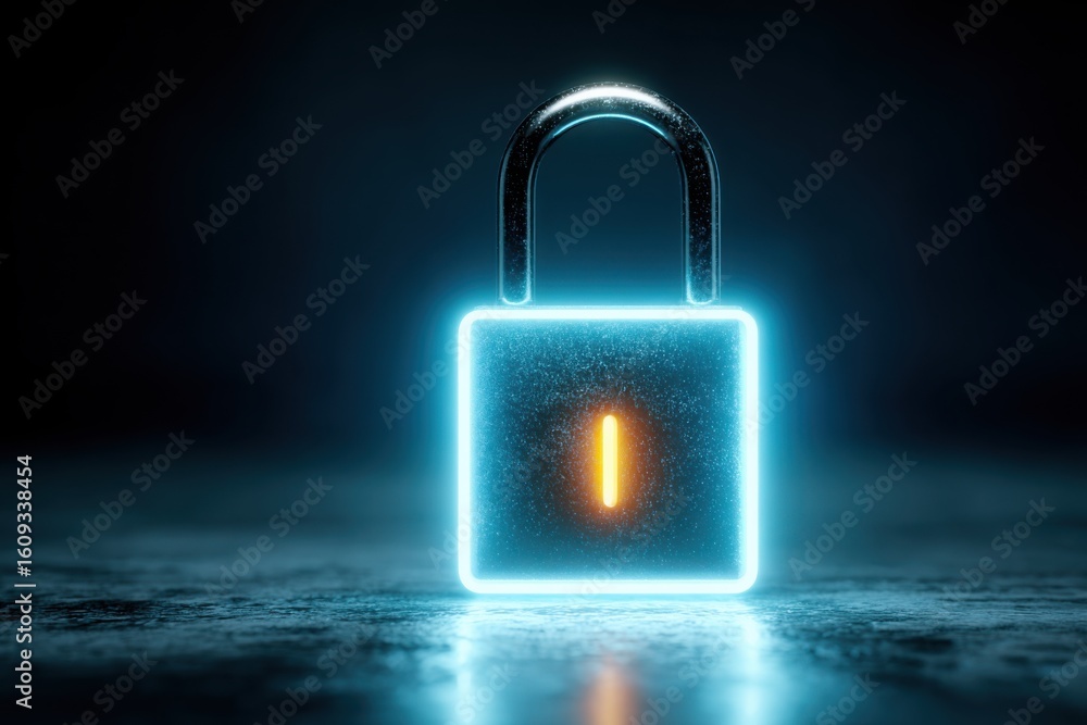 Fototapeta premium Glowing neon padlock with orange center on dark background
