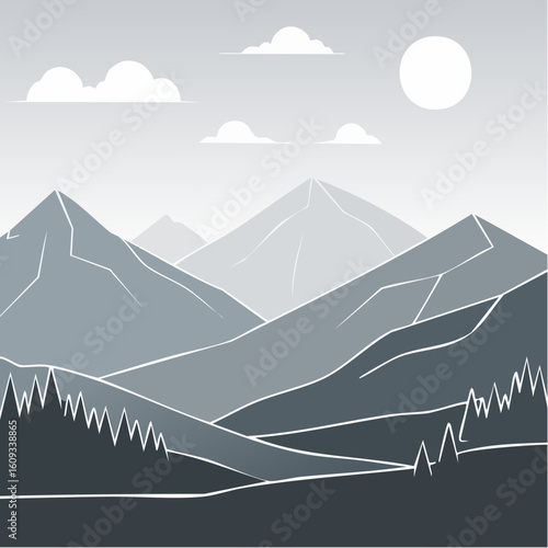 Black mountains in one line art style