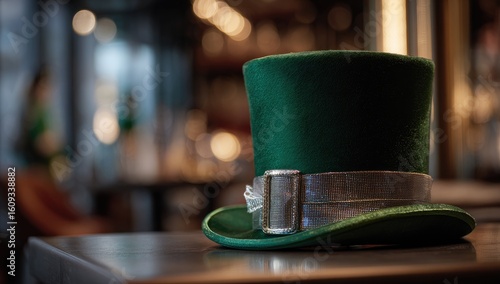 Emerald green top hat,  shiny band,  on table,  blurred background