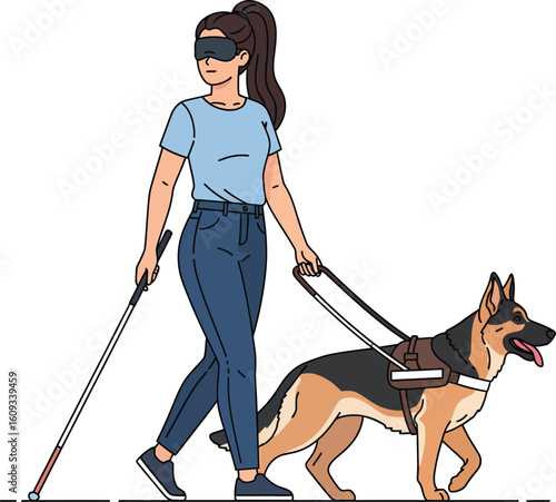 A visually impaired woman with a guide dog walks using a white cane.