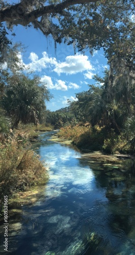 Serene river flows through a lush, green landscape, reflecting the blue sky and fluffy clouds above, creating a peaceful and natural scene.