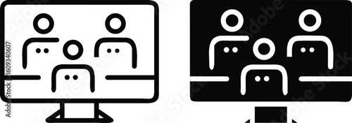 Virtual Meeting People on Screen Icon in Black and White – Video Conference Vector Illustration