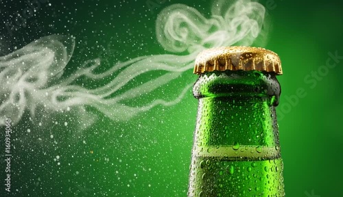 Opening beer bottle on green background. Gas cloud going out of the beer bottle blowing away the crown cap
