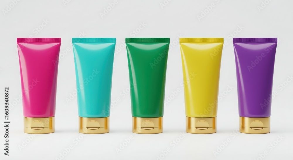 Fototapeta premium Colorful cosmetic tubes lined up against a white background